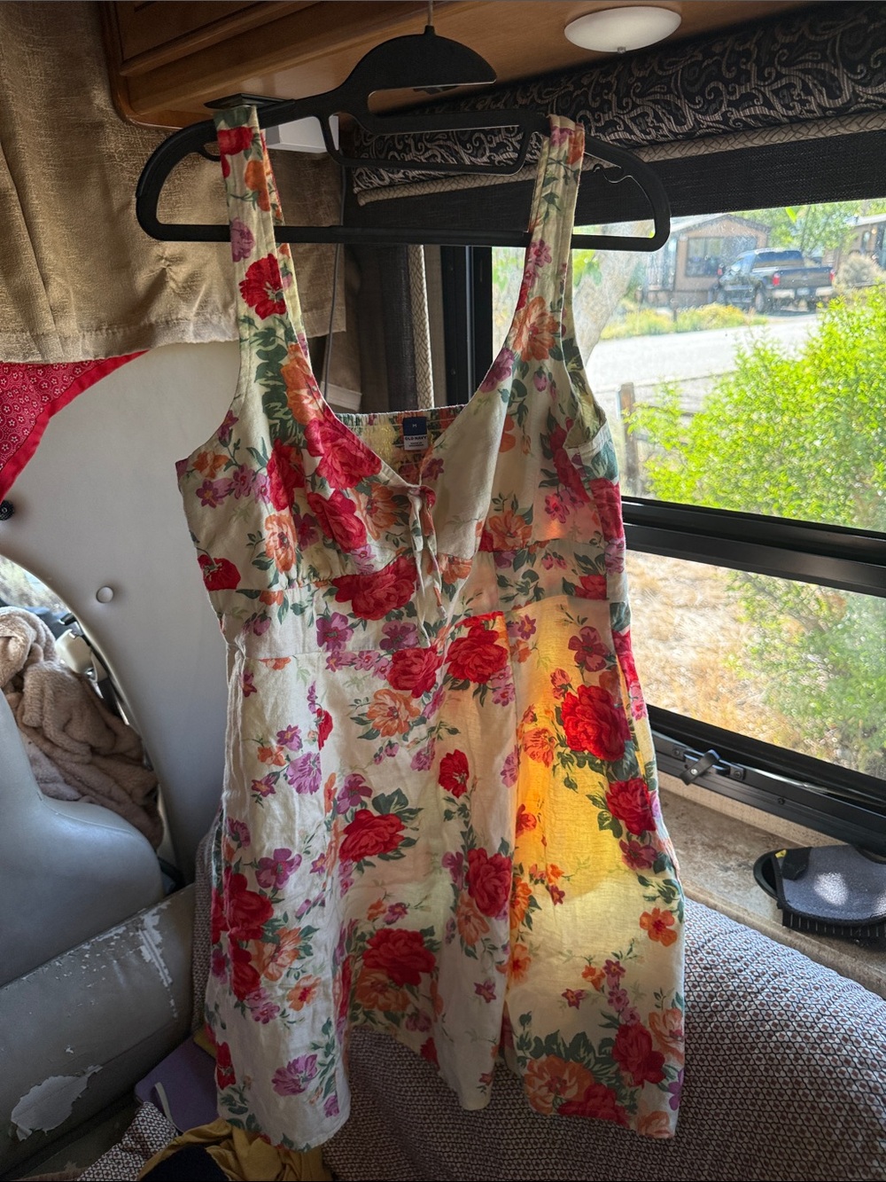 Old Navy Cream Camisole Dress with Red Rose Print